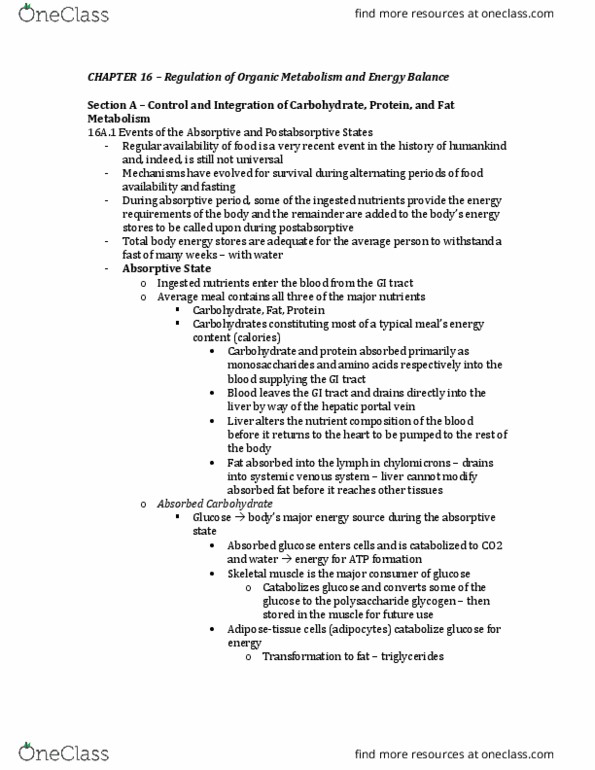 CAS BI 315 Chapter Notes - Chapter 16: Lipoprotein Lipase, Adipose Tissue, Systemic Venous System thumbnail