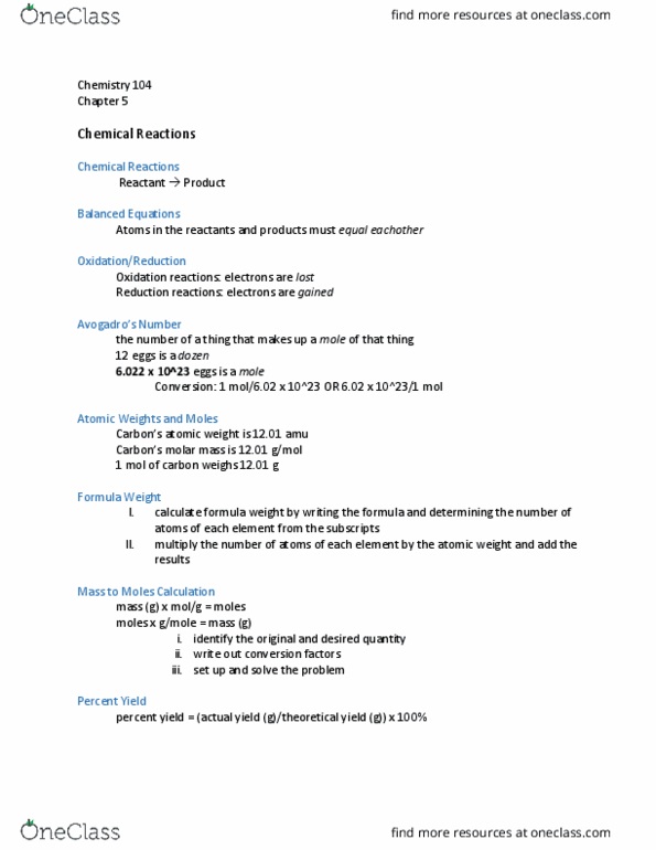 CH 104 Lecture Notes - Lecture 5: Molar Mass, Unified Atomic Mass Unit, Reagent thumbnail