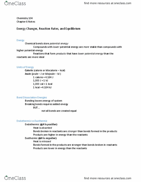 CH 104 Lecture Notes - Lecture 6: Endothermic Process, Exothermic Reaction, Joule thumbnail