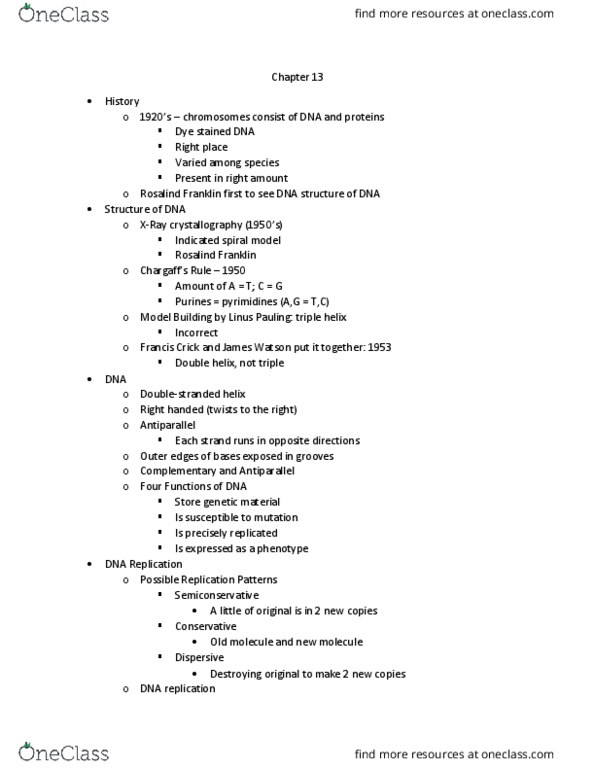 BIOL 1107K Chapter Notes - Chapter 13: Linus Pauling, Francis Crick, Nucleic Acid Double Helix thumbnail