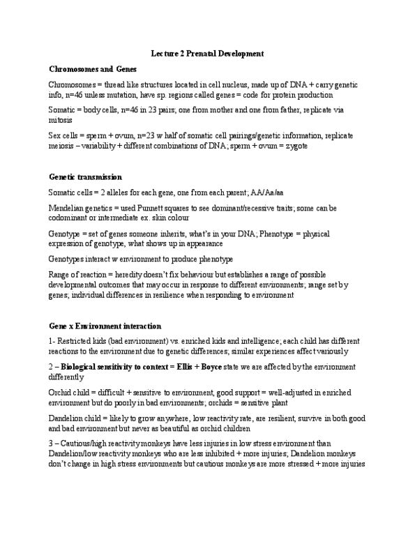 PSY210H5 Lecture Notes - Lecture 2: Prenatal Development, Punnett Square, Mendelian Inheritance thumbnail