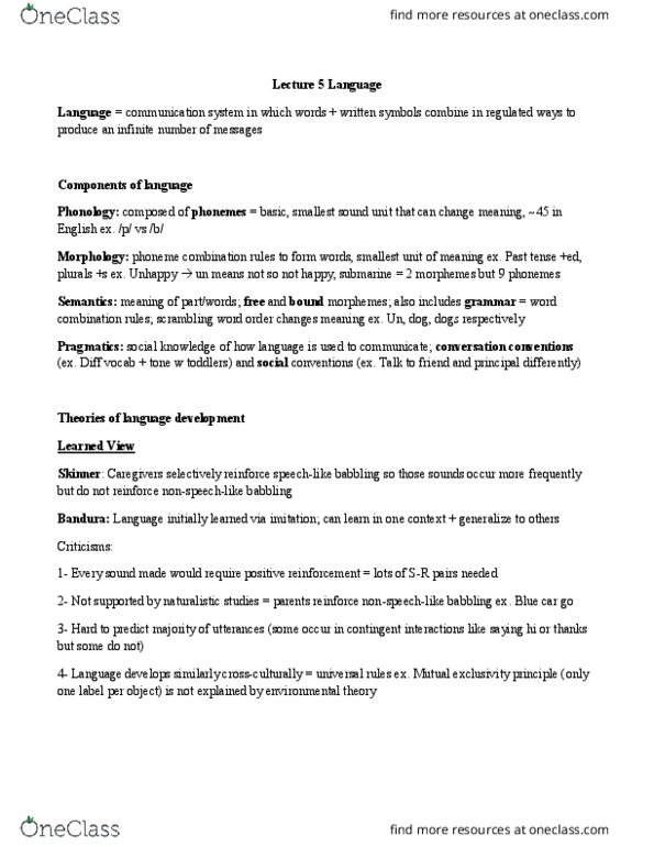 PSY210H5 Lecture Notes - Lecture 5: Jean Berko Gleason, Voice-Onset Time, Language Acquisition Device thumbnail