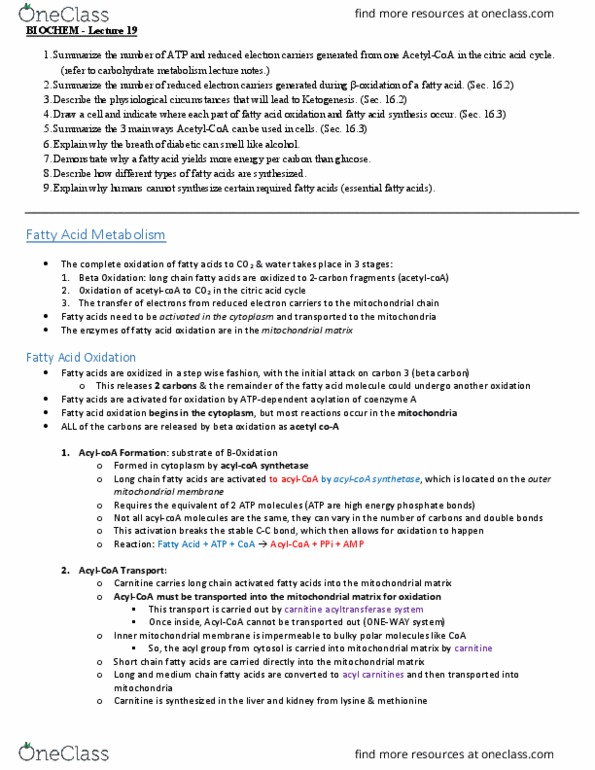 BIOCHEM 420 Lecture Notes - Lecture 19: Acetyl-Coa, Beta Oxidation, Alpha And Beta Carbon thumbnail