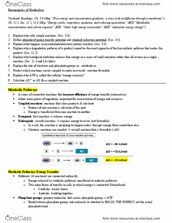 BIOCHEM 420 Lecture Notes - Lecture 12: Reduction Potential, Endergonic Reaction, Exergonic Process thumbnail