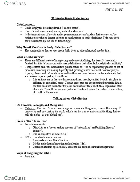 SOC 2151 Lecture Notes - Lecture 1: George Ritzer, Buzzword, Cosmopolitanism thumbnail