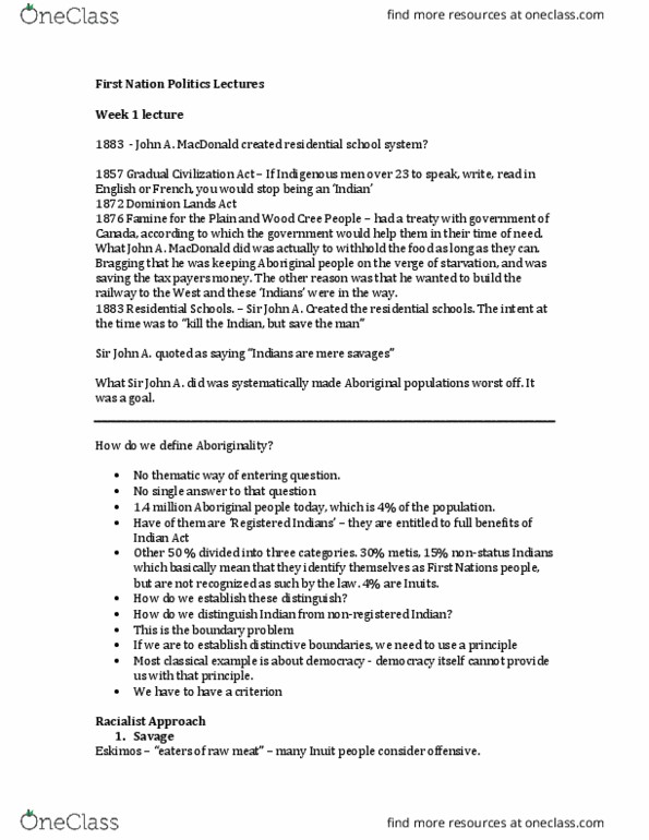 POLS 320 Lecture Notes - Lecture 1: Dominion Lands Act, Gradual Civilization Act, Canadian Indian Residential School System thumbnail