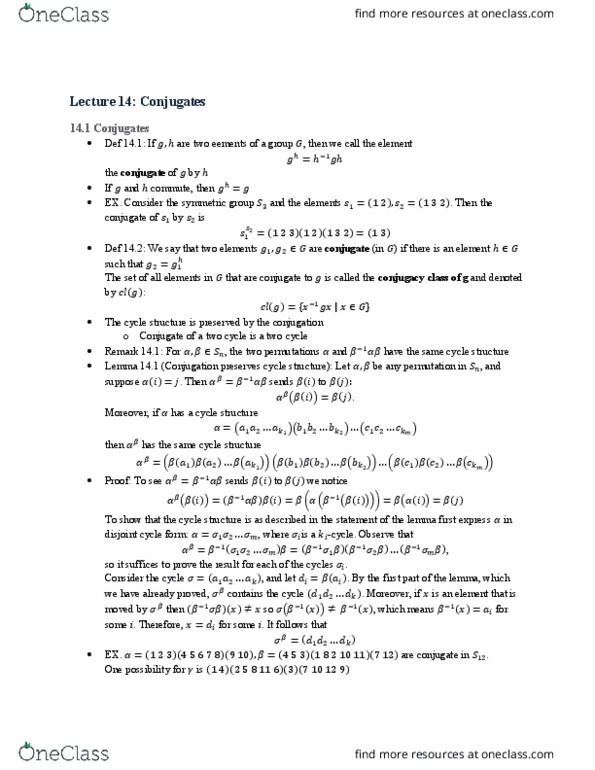 MATH 302 Lecture Notes - Lecture 14: Conjugacy Class, Symmetric Group thumbnail