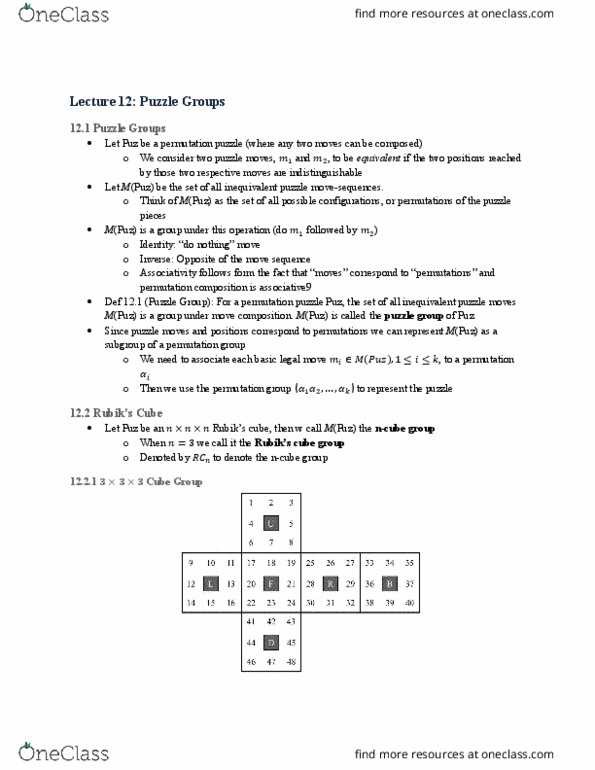MATH 302 Lecture Notes - Lecture 12: Rubik'S Cube Group, Permutation Group, Pocket Cube thumbnail