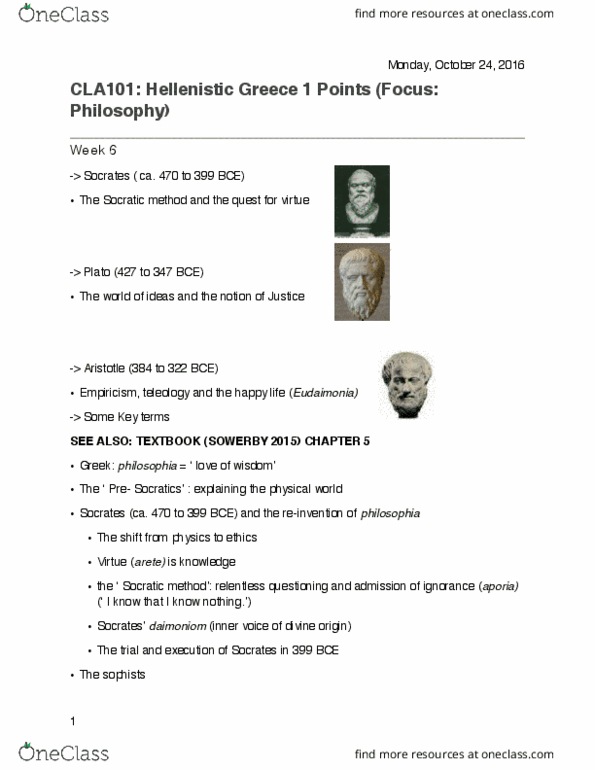 CLA101H5 Lecture Notes - Lecture 6: Nicomachean Ethics, Aristotelian Ethics, Socratic Method thumbnail
