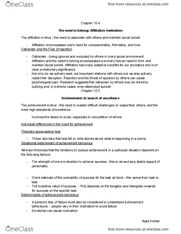 PSYC 1010 Chapter Notes - Chapter 10.4-5: Ostracism, Apperception, The Incentive thumbnail