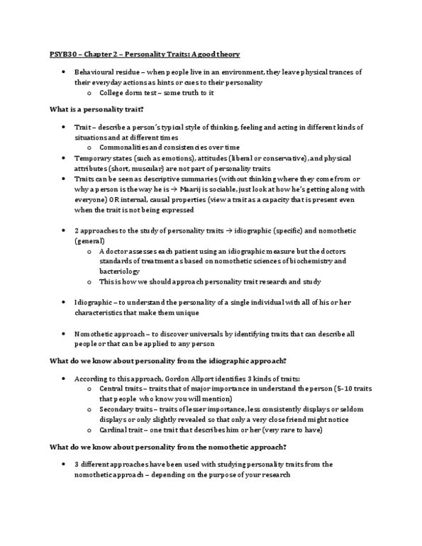 PSYB30H3 Chapter Notes - Chapter 2: Trait Theory, Psychoticism, 16Pf Questionnaire thumbnail