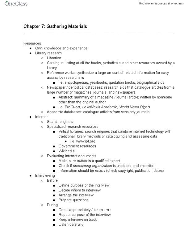 COMS 102 Chapter Notes - Chapter 7: Lexisnexis, Note-Taking thumbnail