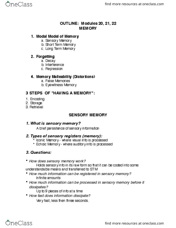 PSYCH 100 Lecture Notes - Lecture 3: Diminished Seventh Chord, Sensory Memory, Coding Theory thumbnail