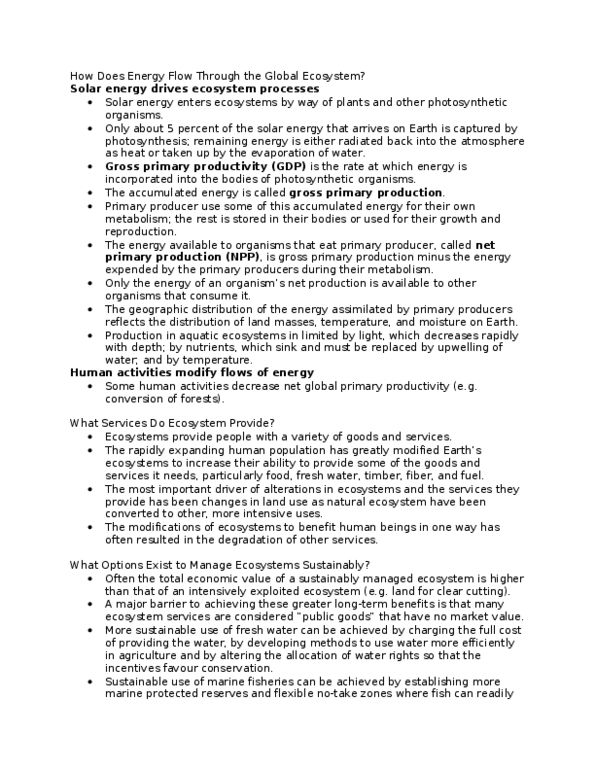 BIOL100 Lecture Notes - Primary Producers, Ecosystem Services, Human Overpopulation thumbnail