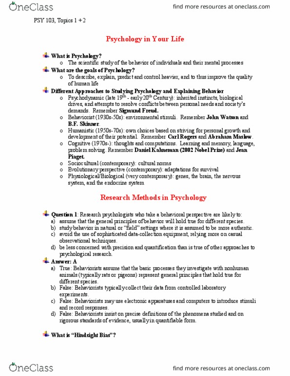 PSY 103 Lecture Notes - Lecture 1: Daniel Kahneman, Abraham Maslow, Jean Piaget thumbnail