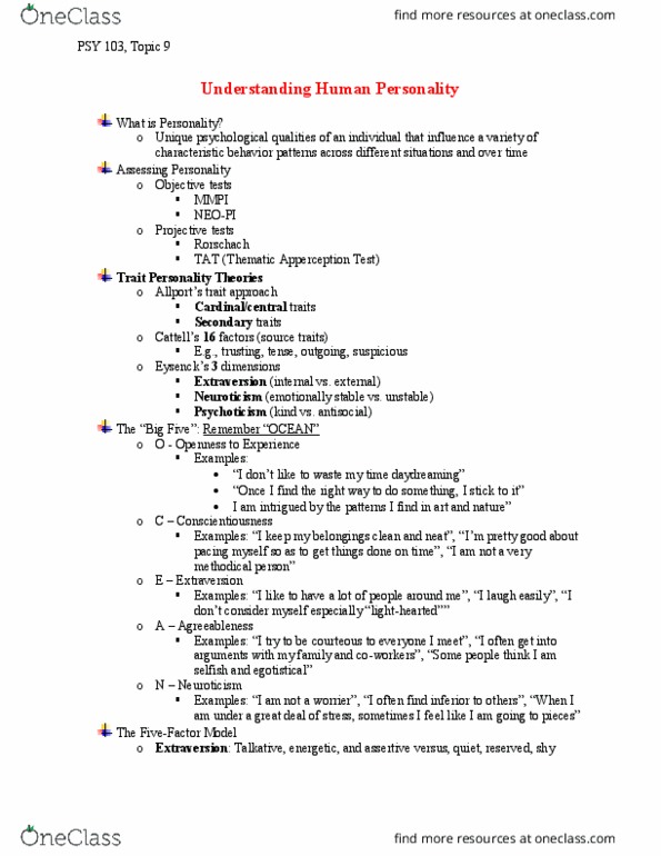 PSY 103 Lecture Notes - Lecture 9: Thematic Apperception Test, Ego Ideal, Neuroticism thumbnail