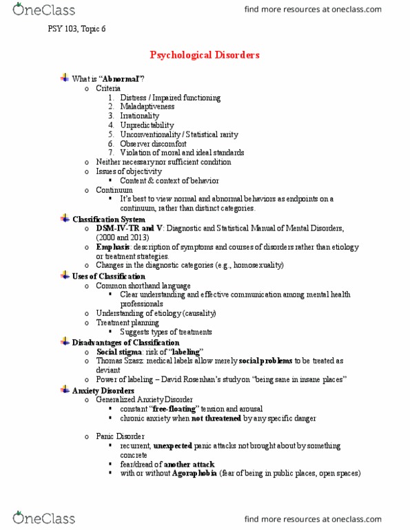 PSY 103 Lecture Notes - Lecture 6: Posttraumatic Stress Disorder, Aaron T. Beck, Generalized Anxiety Disorder thumbnail