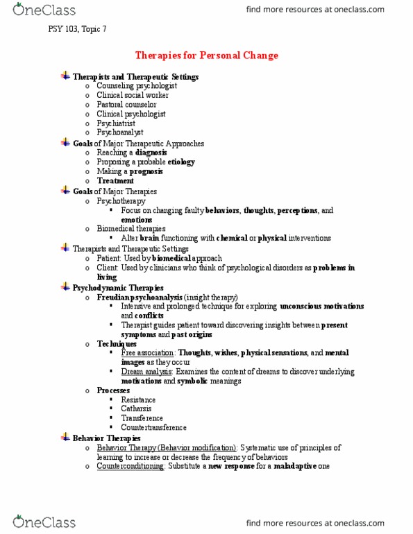 PSY 103 Lecture Notes - Lecture 7: Aversion Therapy, Social Learning Theory, Systematic Desensitization thumbnail