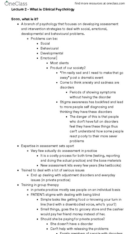 PSYCO335 Lecture Notes - Lecture 2: Clinical Psychology, Adjustment Disorder, Community Psychology thumbnail