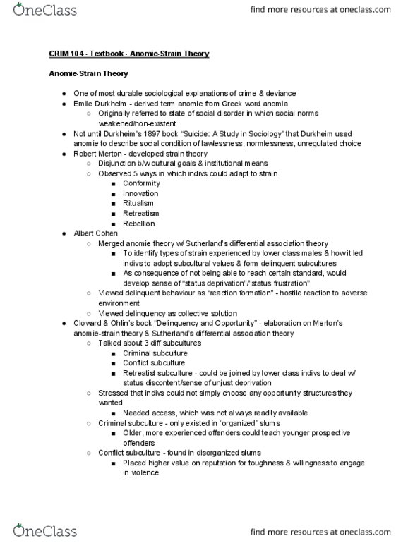 CRIM 104 Chapter Notes - Chapter 1: Differential Association, Anomie, Anomic Aphasia thumbnail