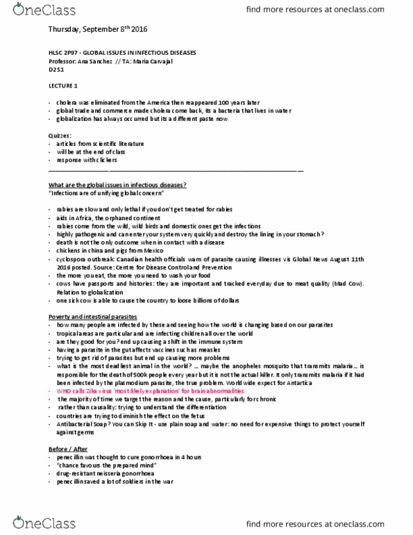 BIOL 2P98 Lecture Notes - Lecture 1: Biome, Cyclospora, Antarctica thumbnail