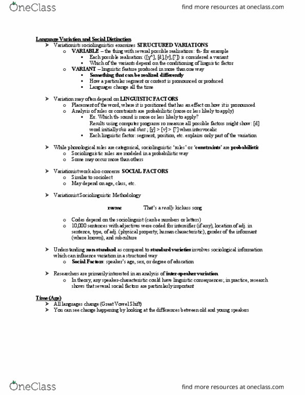 Linguistics 1028A/B Lecture Notes - Lecture 2: Great Vowel Shift, Sociolinguistics, Sociolect thumbnail