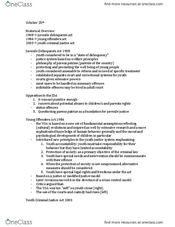 SOC 1500 Lecture Notes - Lecture 10: Restorative Justice, Youth Criminal Justice Act, Parens Patriae thumbnail