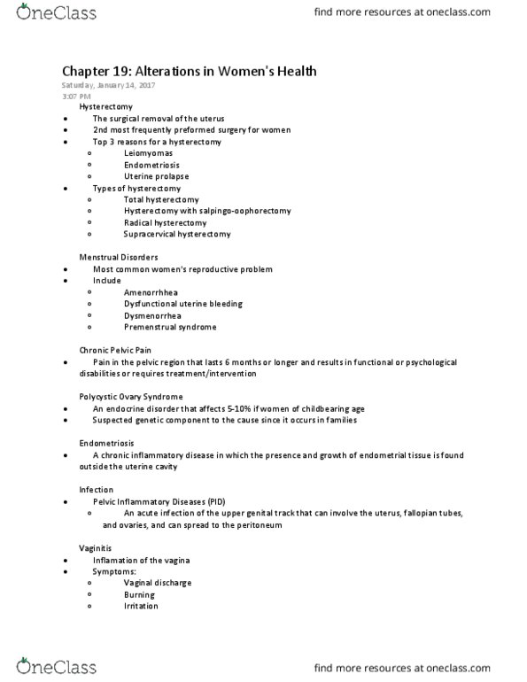 NURS 3330 Chapter Notes - Chapter 19: Cystocele, Ovarian Cancer, Urinary Incontinence thumbnail