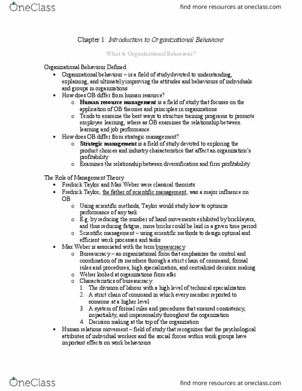 Management and Organizational Studies 2181A/B Chapter Notes - Chapter 1: Francis Bacon, Jeffrey Pfeffer, Resource-Based View thumbnail