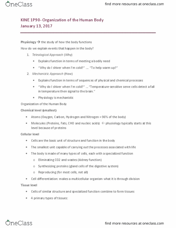 KINE 1P90 Lecture Notes - Lecture 2: Integumentary System, Blood Sugar, Dynamic Equilibrium thumbnail