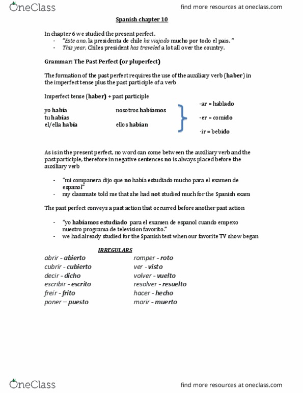 SPANISH 232 Chapter Notes - Chapter 10: Pluperfect, Preposition And Postposition thumbnail