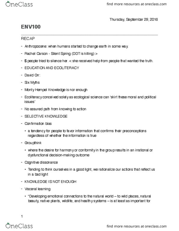 ENV100H1 Lecture Notes - Lecture 3: Rachel Carson, Arab Spring, Cognitive Dissonance thumbnail
