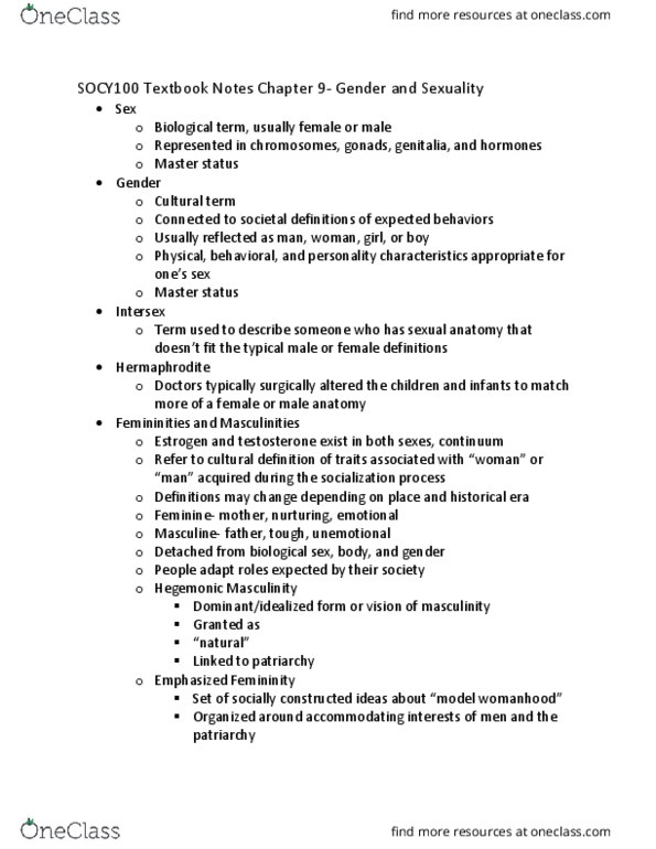 SOCY 100 Chapter Notes - Chapter 9: Heterosexism, Sex Tourism, Heterosexuality thumbnail