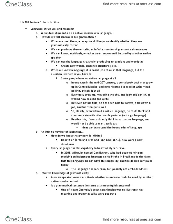 LIN100Y1 Lecture Notes - Lecture 1: Language Change, Infinite Loop, Grammatical Case thumbnail