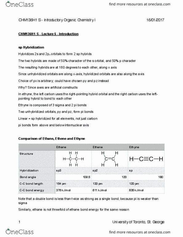 CHM136H1 Lecture Notes - Lecture 5: Orbital Hybridisation, Acetylene, Ethylene thumbnail