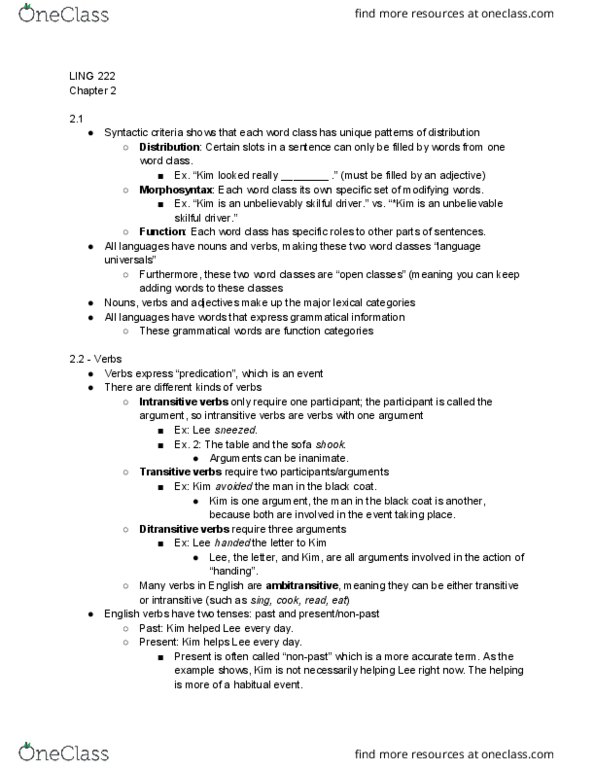 LING 222 Chapter Notes - Chapter 2.1-2.3: Thematic Relation, Grammatical Relation, Part Of Speech thumbnail