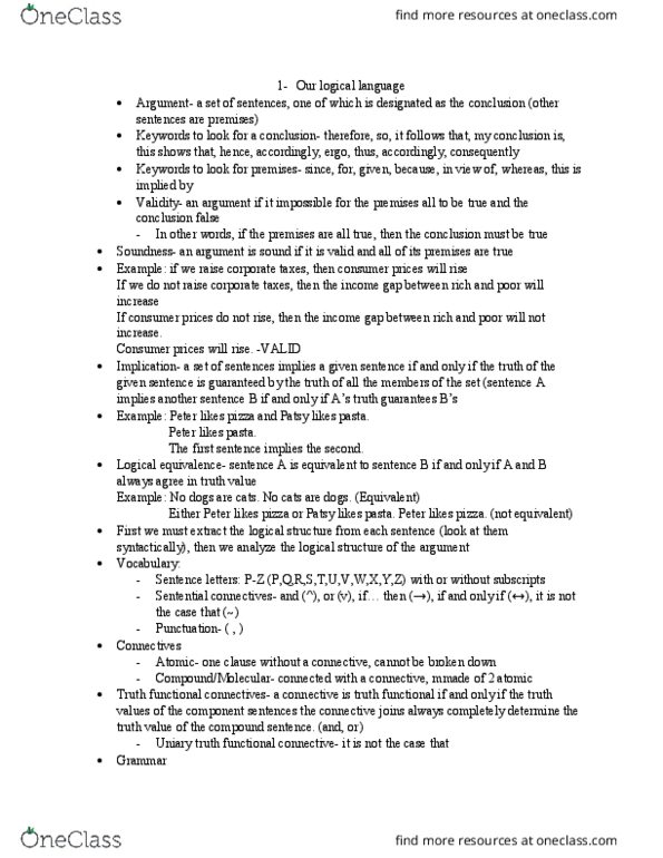 PHILOS 31 Lecture Notes - Lecture 2: Sentence Clause Structure, Logical Equivalence, Atomic Sentence thumbnail