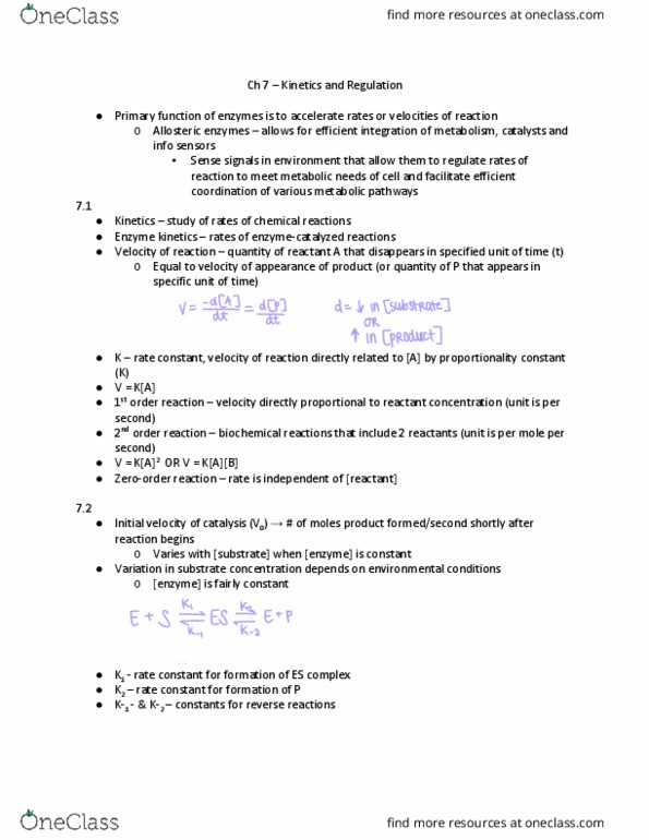 BIS 103 Chapter Notes - Chapter 7: Peptide, Enzyme Kinetics, Reaction Rate thumbnail