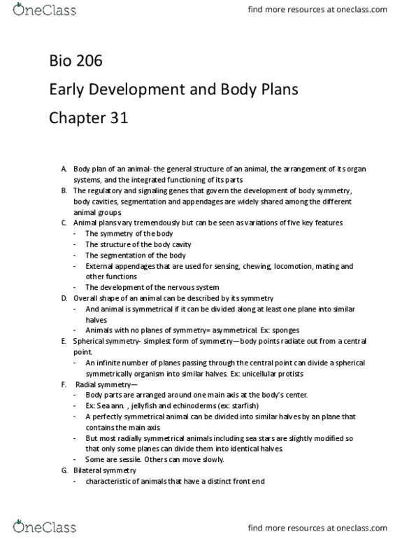 BIOL 206 Chapter Notes - Chapter 31: Peritoneum, Body Cavity, Cephalization thumbnail