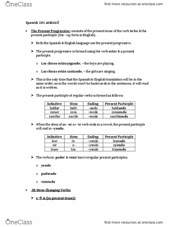 SPA 101 Lecture Notes - Lecture 19: Los Chicos De Puerto Rico, Present Continuous thumbnail