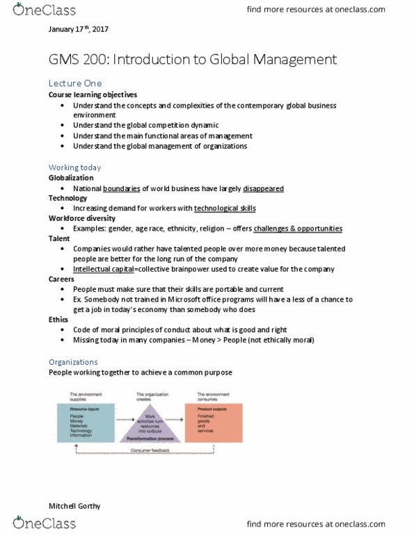 GMS 200 Lecture Notes - Lecture 1: Competitive Advantage thumbnail