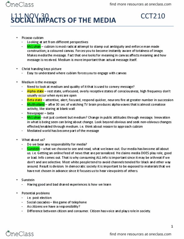 CCT210H5 Lecture Notes - Lecture 11: Cubism, Marshall Mcluhan thumbnail