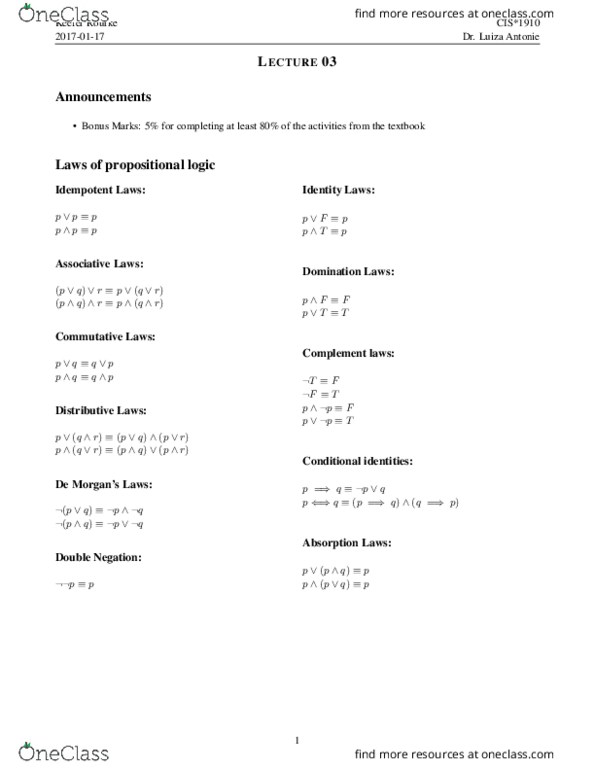 CIS 1910 Lecture Notes - Lecture 3: Free Variables And Bound Variables, Luiza, Propositional Calculus thumbnail