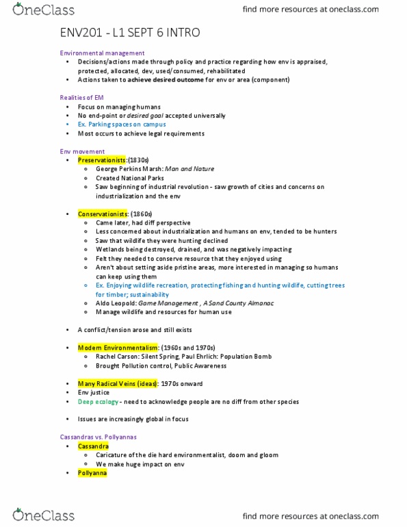 ENV201H5 Lecture Notes - Lecture 1: A Sand County Almanac, Deep Ecology, Rachel Carson thumbnail