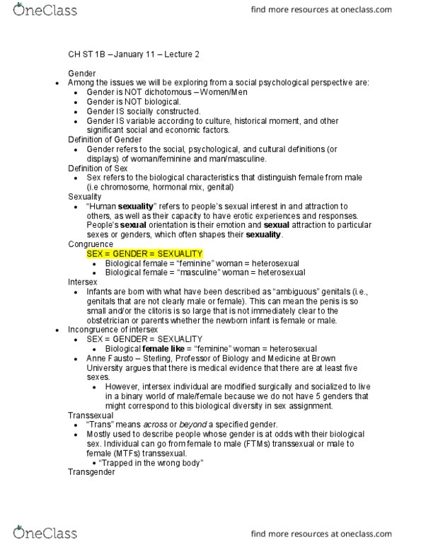 CH ST 1B Lecture Notes - Lecture 2: Sex Assignment, Gender Variance, Obstetrics thumbnail