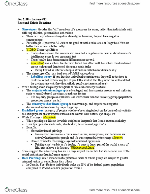 Sociology 2140 Lecture Notes - Lecture 13: White Privilege, Jane Elliot, Labeling Theory thumbnail