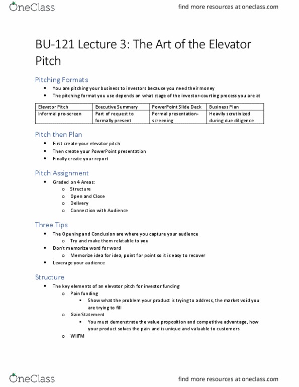BU121 Lecture Notes - Lecture 3: Eye Contact, Elevator Pitch, Proverb thumbnail