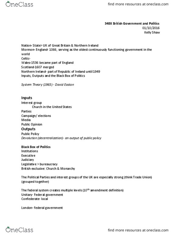 POL S 348X Lecture Notes - Lecture 1: Parliamentary Sovereignty, David Easton, Advocacy Group thumbnail