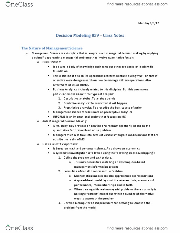 M B A 8590 Chapter Notes - Chapter 1: Decision Support System, Prescriptive Analytics, Predictive Analytics thumbnail