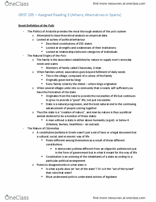 GRST 205 Chapter Notes - Chapter 1.3: Tyrant, Oligarchy, Charondas thumbnail